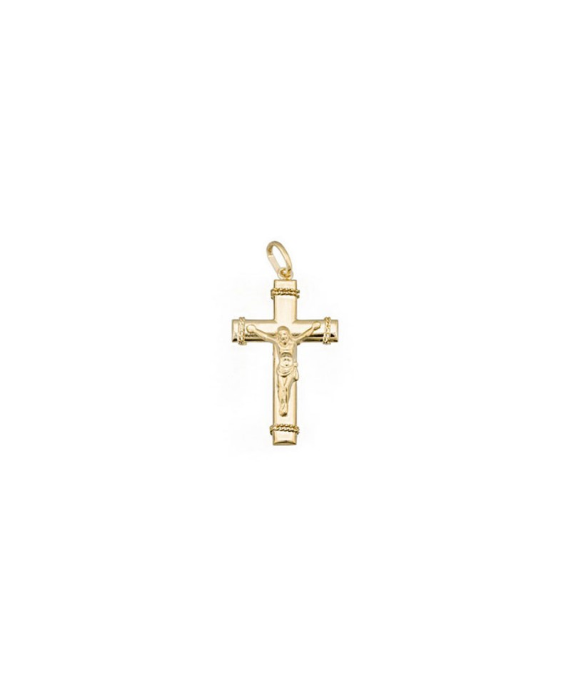 Cruz oro amarillo con cristo forma plana | Joyería Gimeno | Tu joyería de confianza en Valencia