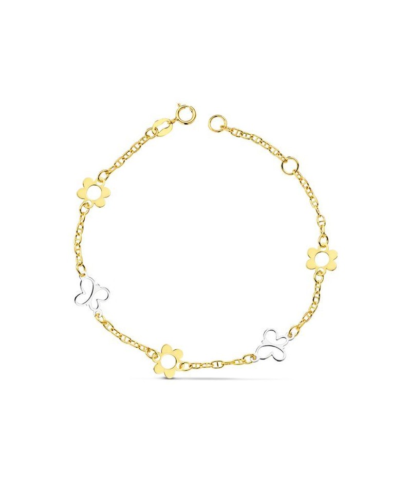 Pulsera niña bicolor flor-mariposa | Joyería Gimeno | Tu joyería de confianza en Valencia