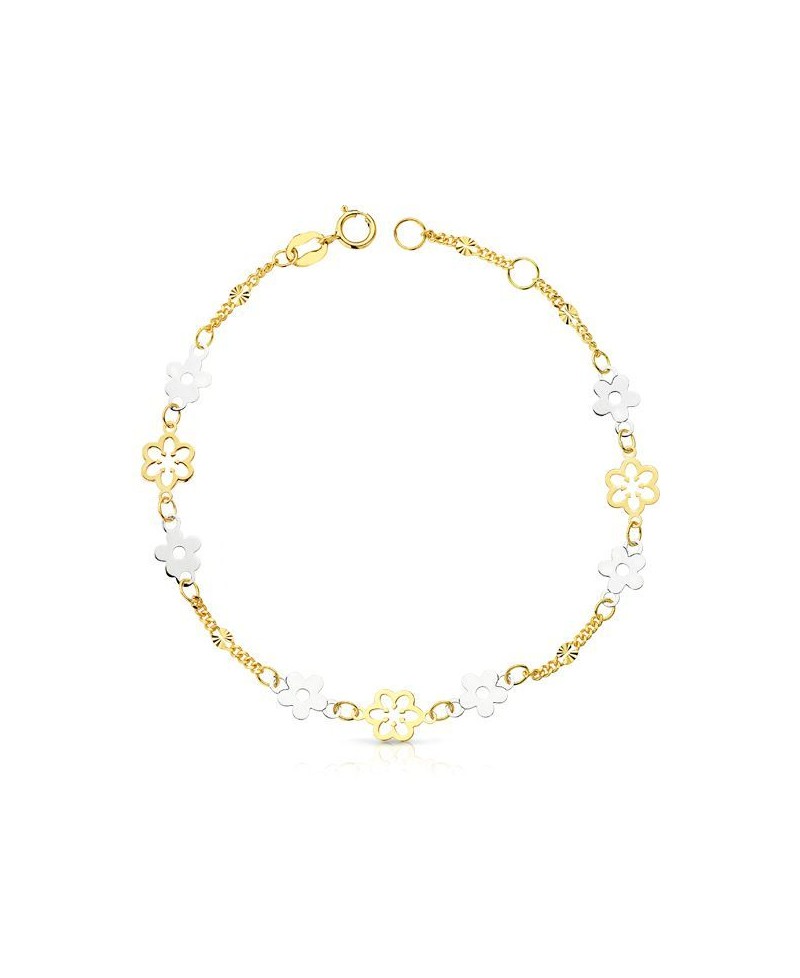 Pulsera niña flores bicolor oro | Joyería Gimeno | Tu joyería de confianza en Valencia