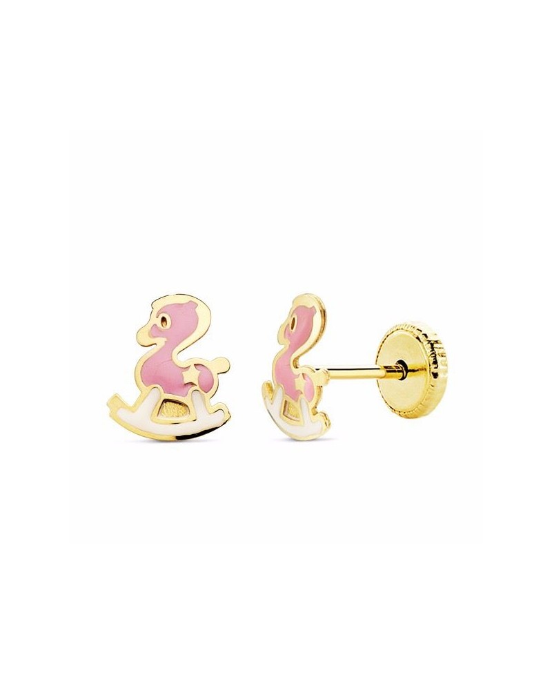 Pendiente bebe caballo rosa oro | Joyería Gimeno | Tu joyería de confianza en Valencia