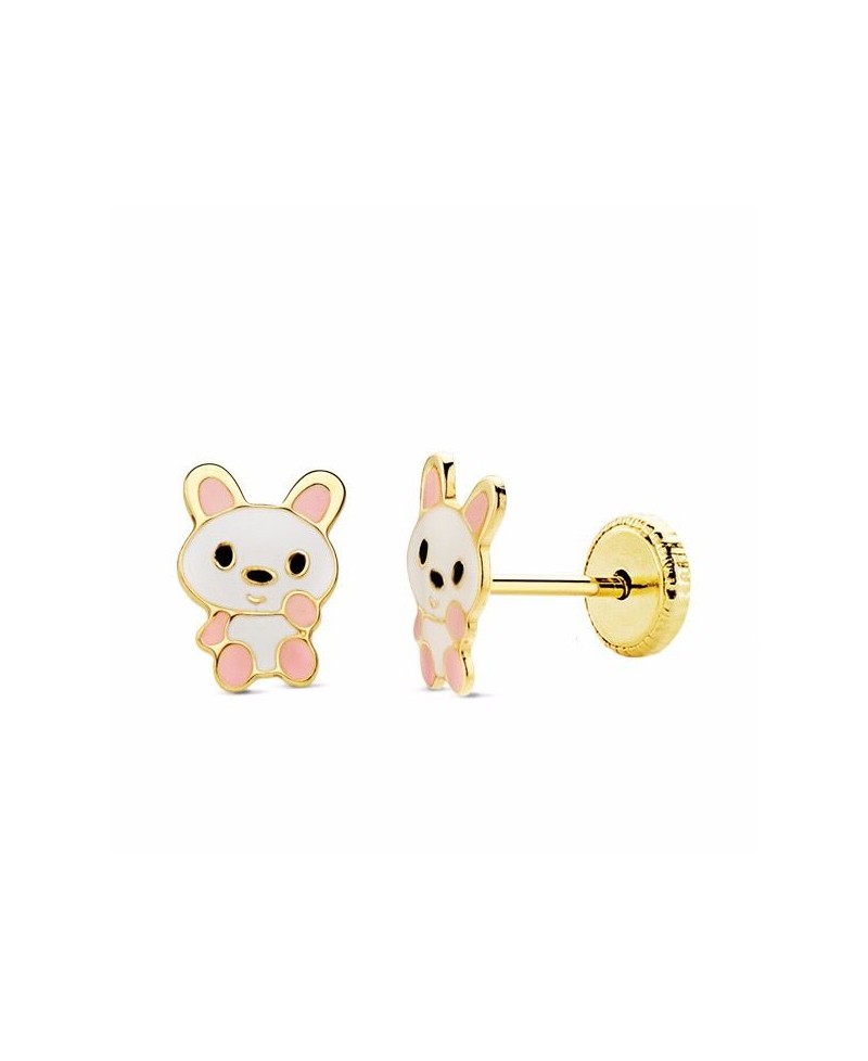Pendiente bebe conejo esmalte rosa/blanco | Joyería Gimeno | Tu joyería de confianza en Valencia