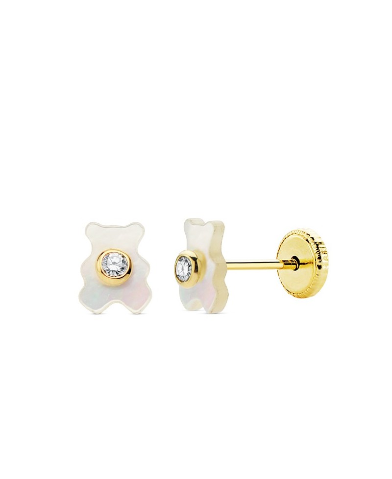 Pendiente bebe nácar oso oro | Joyería Gimeno | Tu joyería de confianza en Valencia