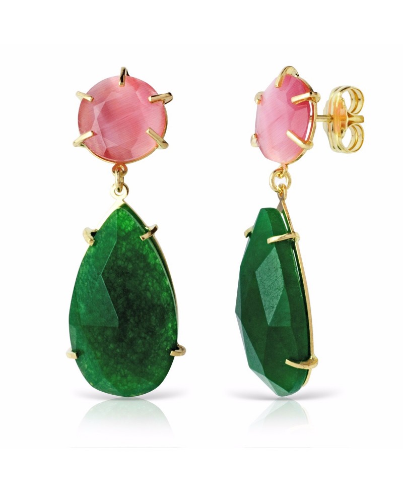 oro largo , piedras verde esmeralda y rosa palo - Pendientes | Joyería Gimeno | Tu joyería de confianza en Valencia - Gran catalogo de joyas online