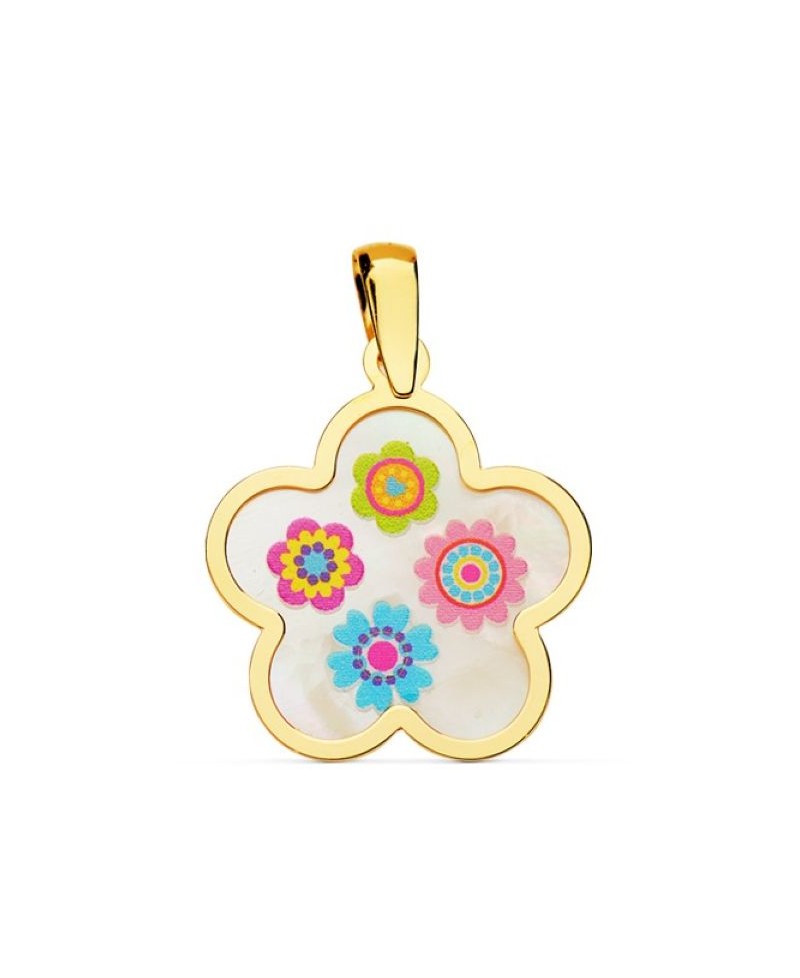 Colgante flor oro, con flores esmalte | Joyería Gimeno | Tu joyería de confianza en Valencia
