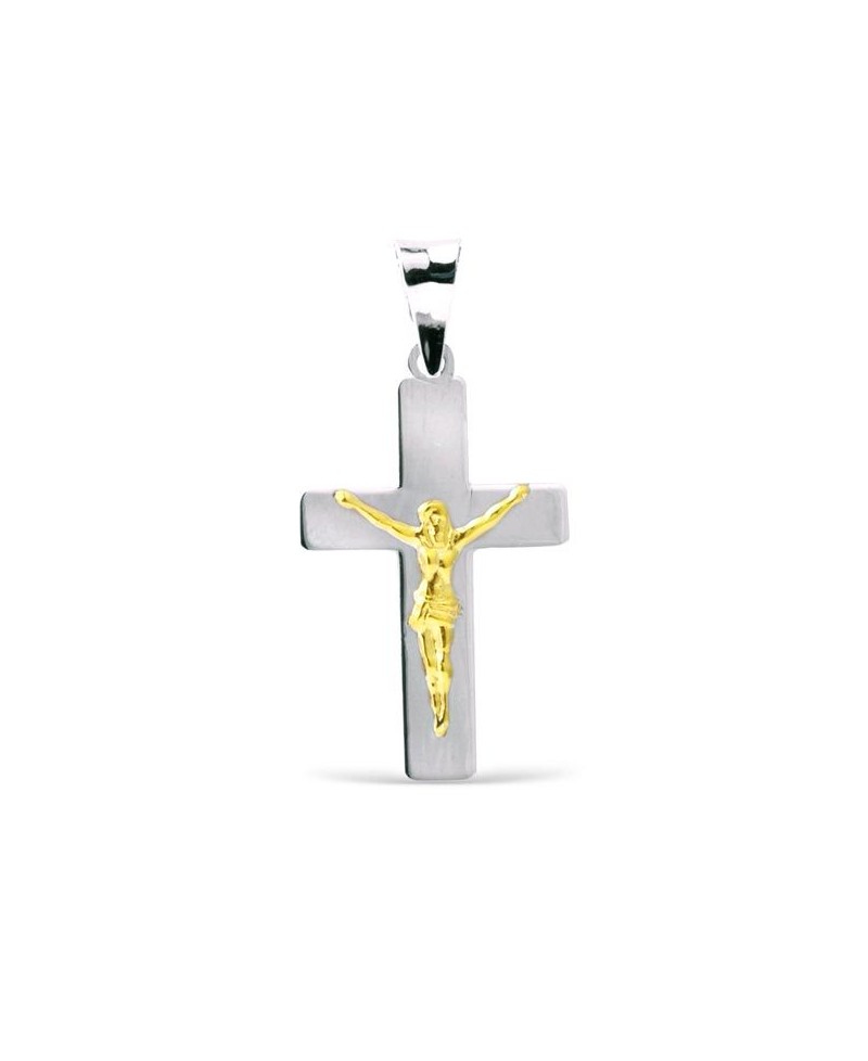 Cruz oro blanco con cristo en amarillo | Joyería Gimeno | Tu joyería de confianza en Valencia