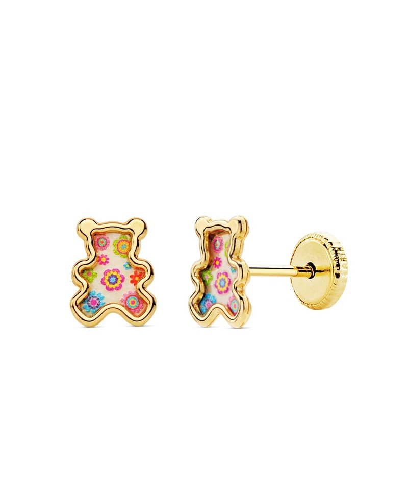 Pendiente de oro con oso de flores | Joyería Gimeno | Tu joyería de confianza en Valencia