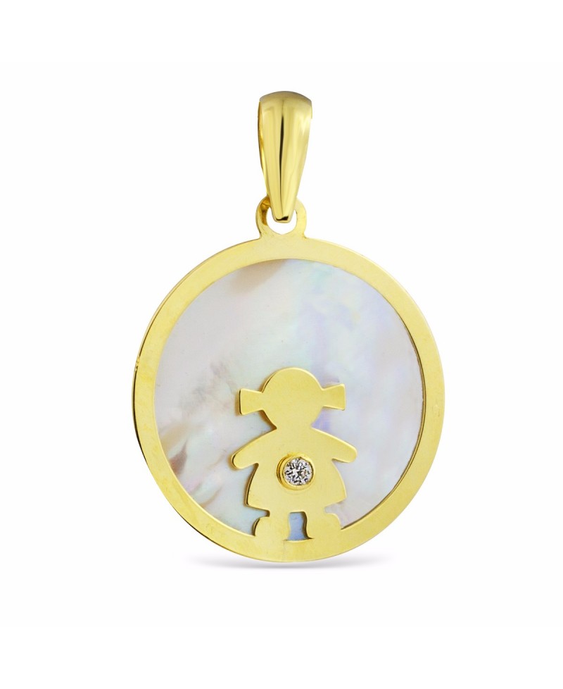Colgante en oro con niña y medalla de nacar | Joyería Gimeno | Tu joyería de confianza en Valencia