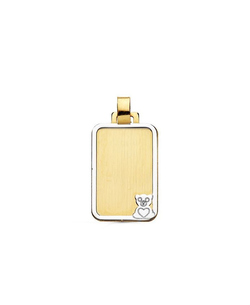 Placa de bebe en oro, con bisel en oro blanco y oso | Joyería Gimeno | Tu joyería de confianza en Valencia