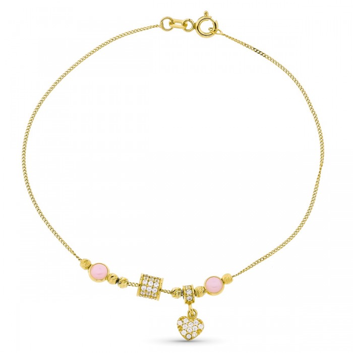 Pulsera de oro con charm de corazón y piedras rosa | Joyería Gimeno | Tu joyería de confianza en Valencia