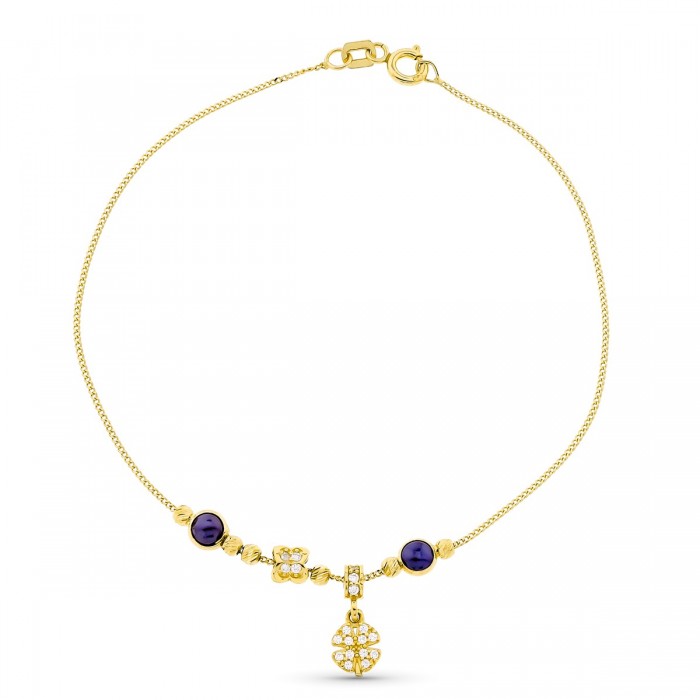 Pulsera de oro con charms, trébol y piedra azul | Joyería Gimeno | Tu joyería de confianza en Valencia