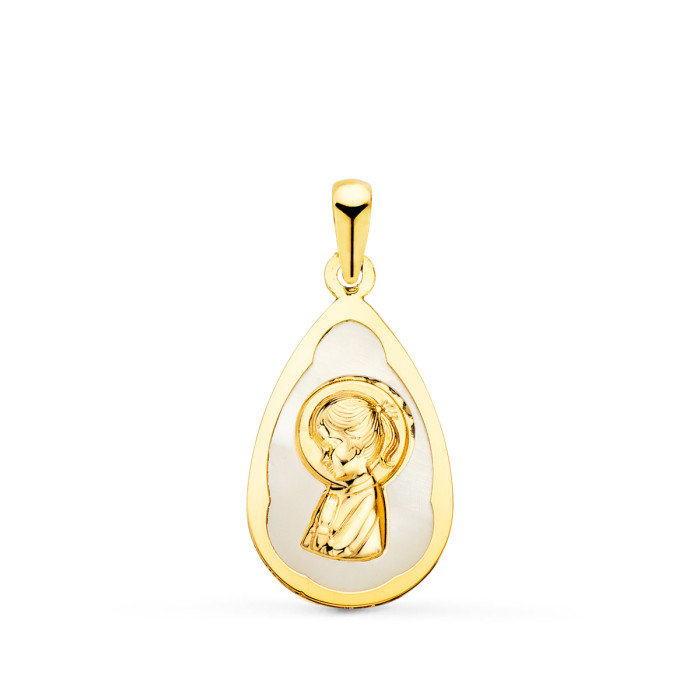 18k Medalla Oro Amarillo Gota Con Nacar Blanco Y Virgen NiÑa 19x12 Mm | Joyería Gimeno | Tu joyería de confianza en Valencia