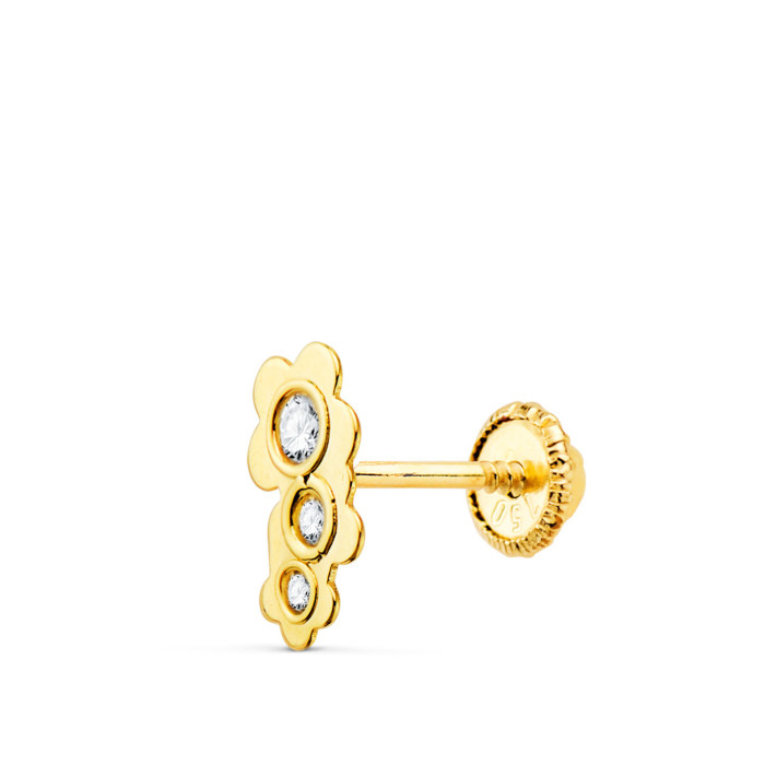 18k Piercing Oreja Oro Amarillo Tres Flores Con Circonitas 7x4 Mm (3 Unid. Min.) | Joyería Gimeno | Tu joyería de confianza en Valencia