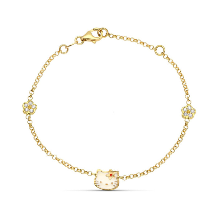 18k Pulsera Oro Amarillo Esmalte Gato Y Flor Circonitas 18 Cm | Joyería Gimeno | Tu joyería de confianza en Valencia