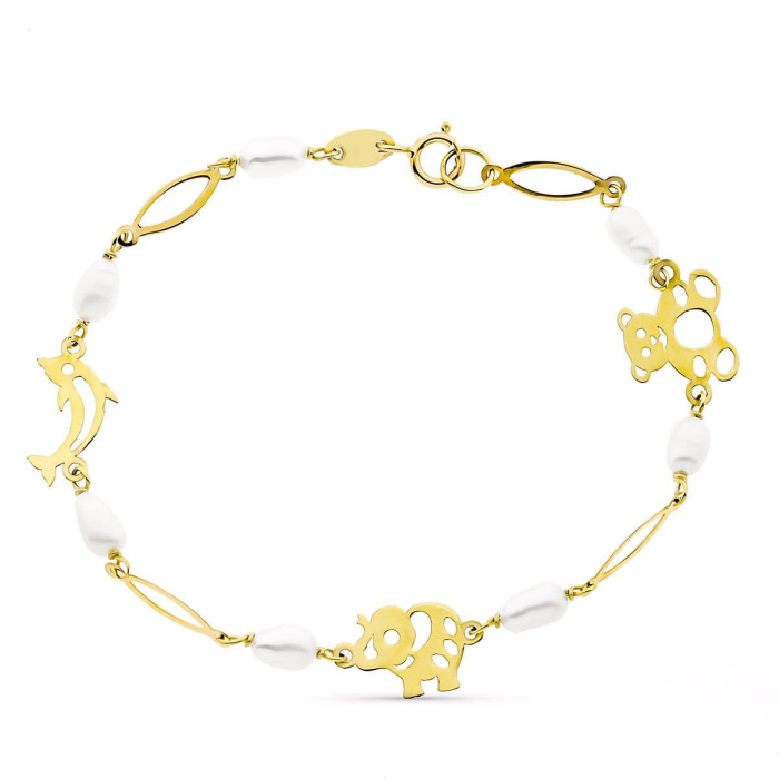 18k Pulsera Oro Amarillo 17cm Fetiches Y Perla Cultivadas 5 Mm | Joyería Gimeno | Tu joyería de confianza en Valencia