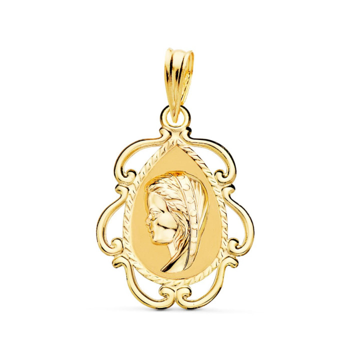 18k Medalla Virgen NiÑa Cerco Calado En Brillo . 22 X 16 Mm | Joyería Gimeno | Tu joyería de confianza en Valencia