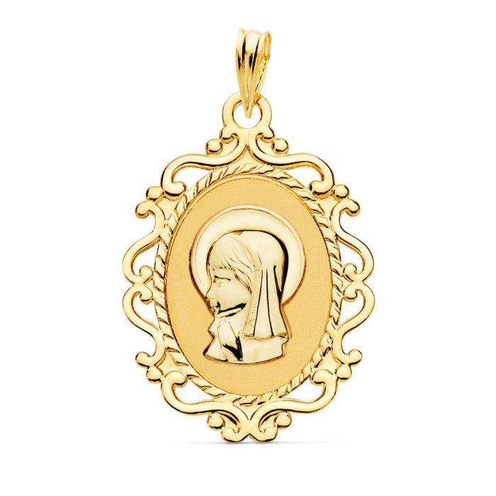 18k Medalla Virgen NiÑa Perfil Cerco Calado Brillo. 23 X 16 Mm | Joyería Gimeno | Tu joyería de confianza en Valencia