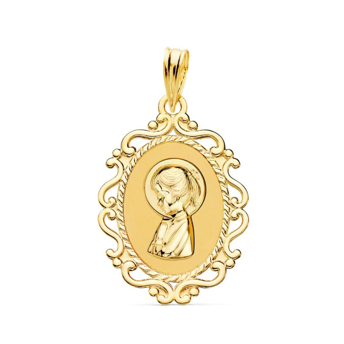 18k Medalla Virgen NiÑa Perfil Cerco Calado Brillo 23x16 Mm | Joyería Gimeno | Tu joyería de confianza en Valencia