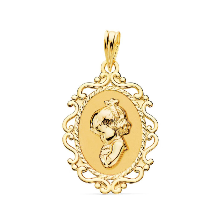 18k Medalla Virgen NiÑa Perfil Cerco Calado Brillo. 23 X 16 Mm | Joyería Gimeno | Tu joyería de confianza en Valencia