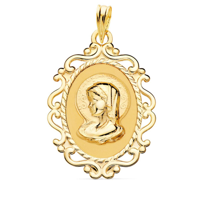 18k Medalla Virgen NiÑa Cerco Calado En Brillo. 31 X 21 Mm | Joyería Gimeno | Tu joyería de confianza en Valencia