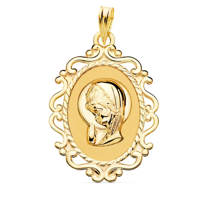 18k Medalla Virgen NiÑa Cerco Calado En Brillo 31x21 Mm | Joyería Gimeno | Tu joyería de confianza en Valencia